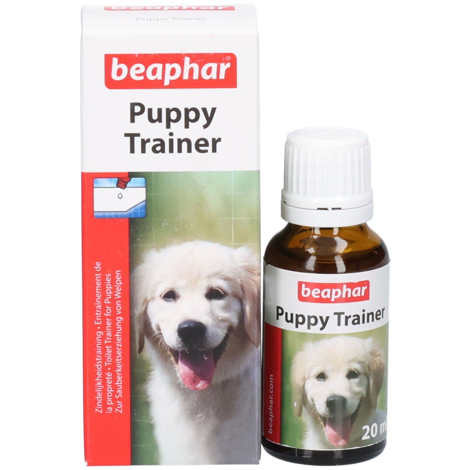Flacon et emballage du produit. Flacon en verre brun avec bouchon blanc. Emballage avec nom du produit et image de chiot. Marque : beaphar.