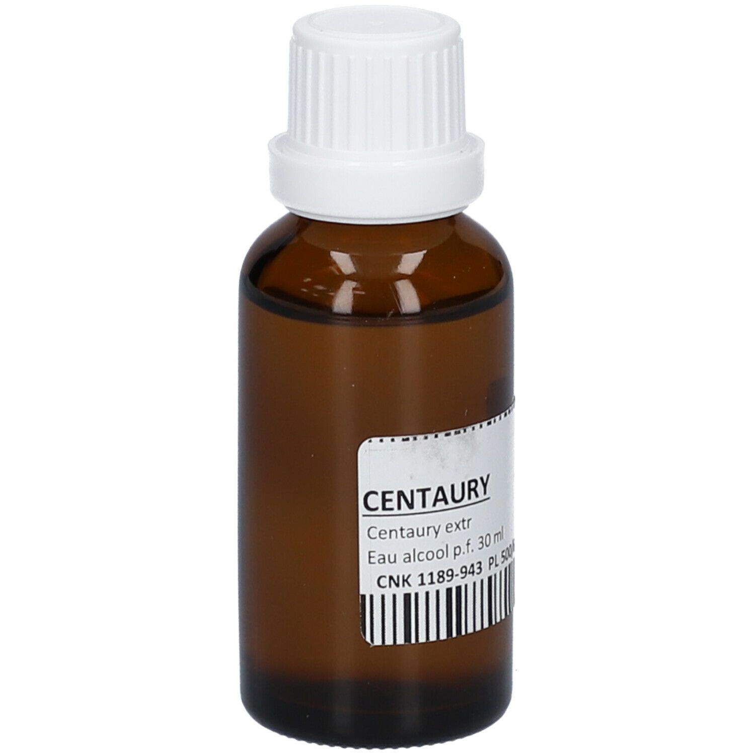 Flacon en verre brun avec bouchon blanc. Étiquette avec nom du produit et texte. 30 ml.