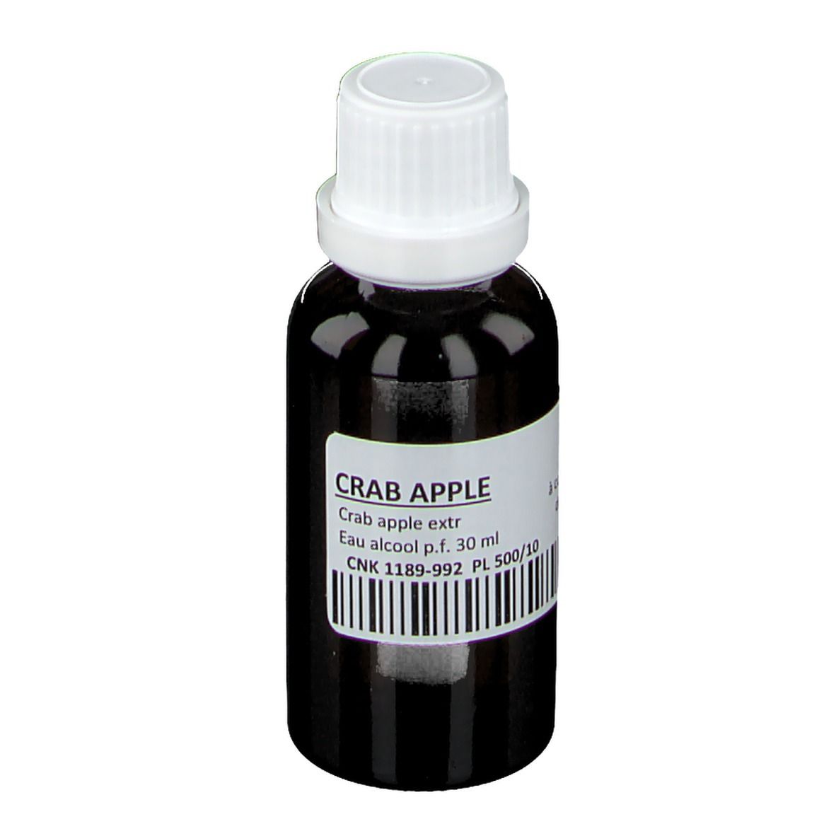 Flacon en verre brun avec bouchon blanc. Étiquette avec texte: CRAB APPLE, Crab apple extr, Eau alcool p.f. 30 ml.