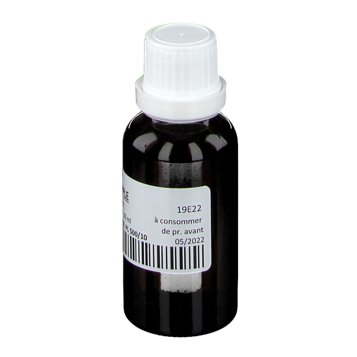 Flacon en verre brun avec bouchon blanc. Étiquette avec texte et code-barres. Imprimé: à consommer de pr. avant 05/2022.
