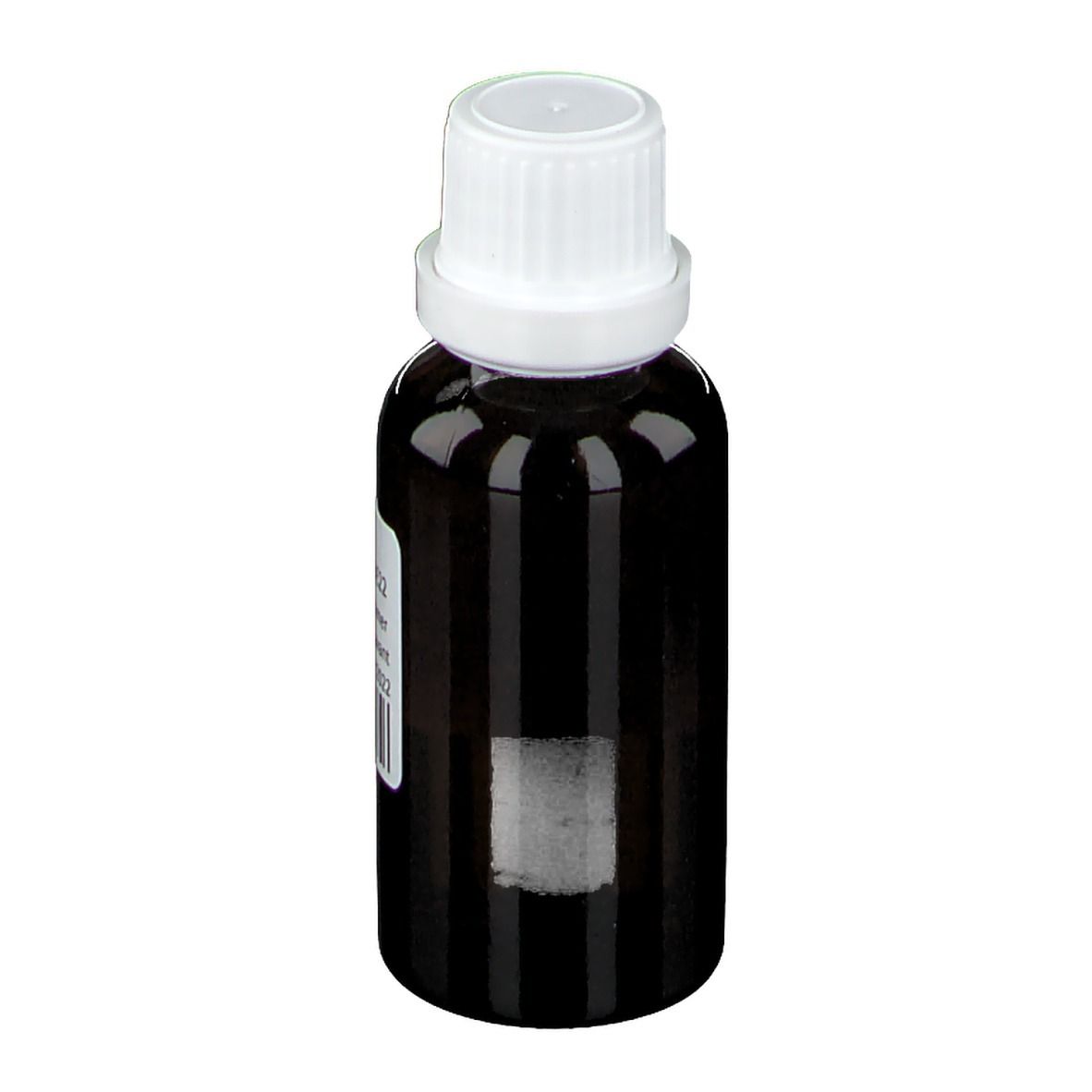 Flacon en verre brun avec bouchon blanc. Étiquette avec texte et code-barres. Aucune autre information.