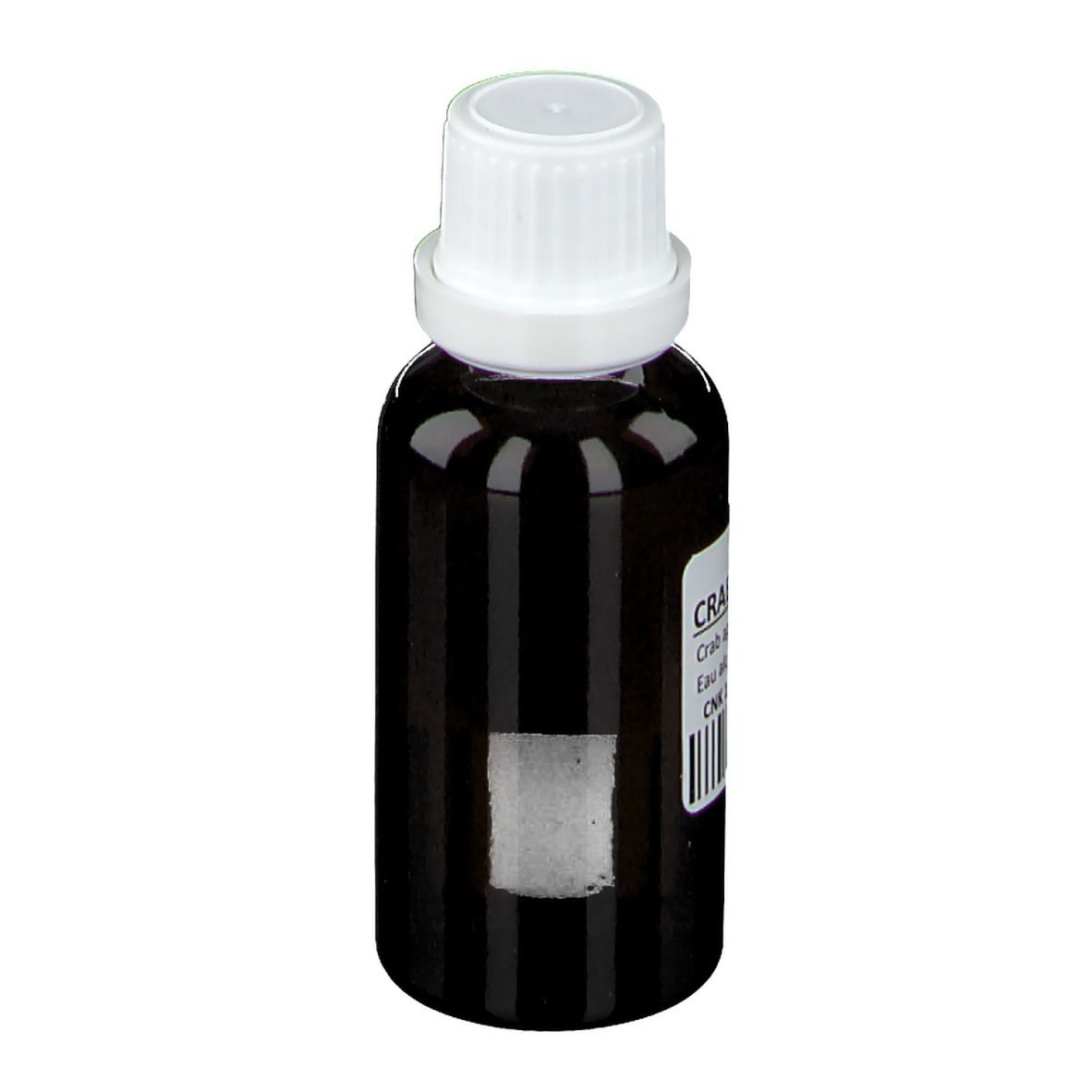 Flacon en verre brun avec bouchon blanc. Étiquette avec texte et code-barres. Aucune autre information.