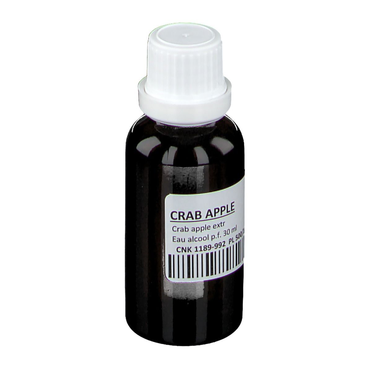 Flacon en verre brun avec bouchon blanc. Étiquette avec texte et code-barres. Aucune autre information.