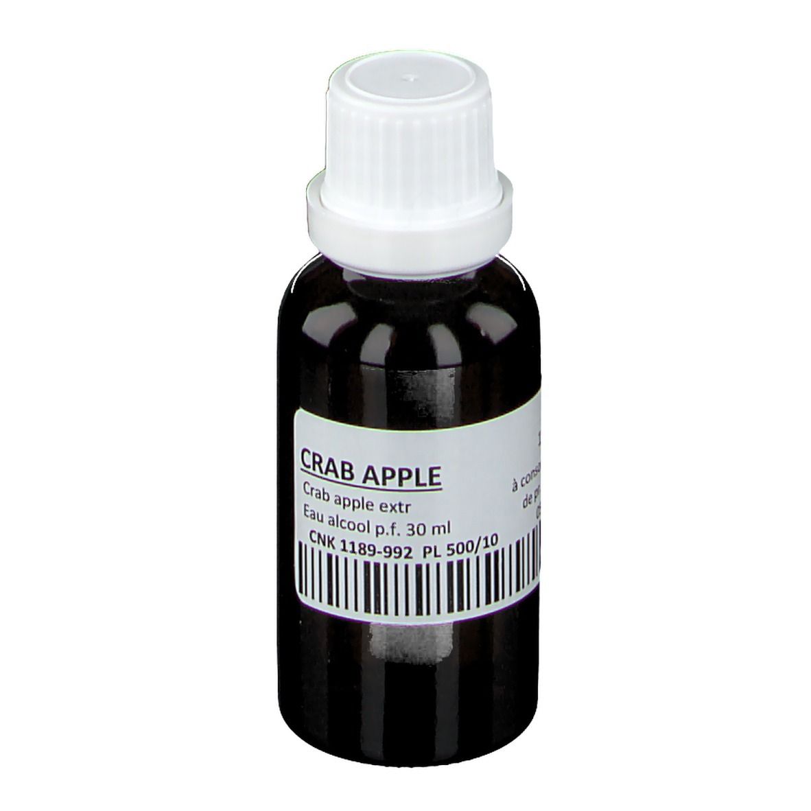 Flacon en verre brun avec bouchon blanc. Étiquette avec texte et code-barres. Aucune autre information.