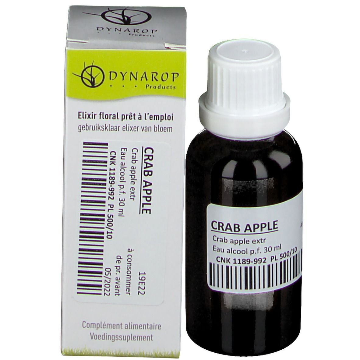 Flacon en verre brun avec bouchon blanc et boîte. Boîte avec texte et logo. Flacon avec étiquette.