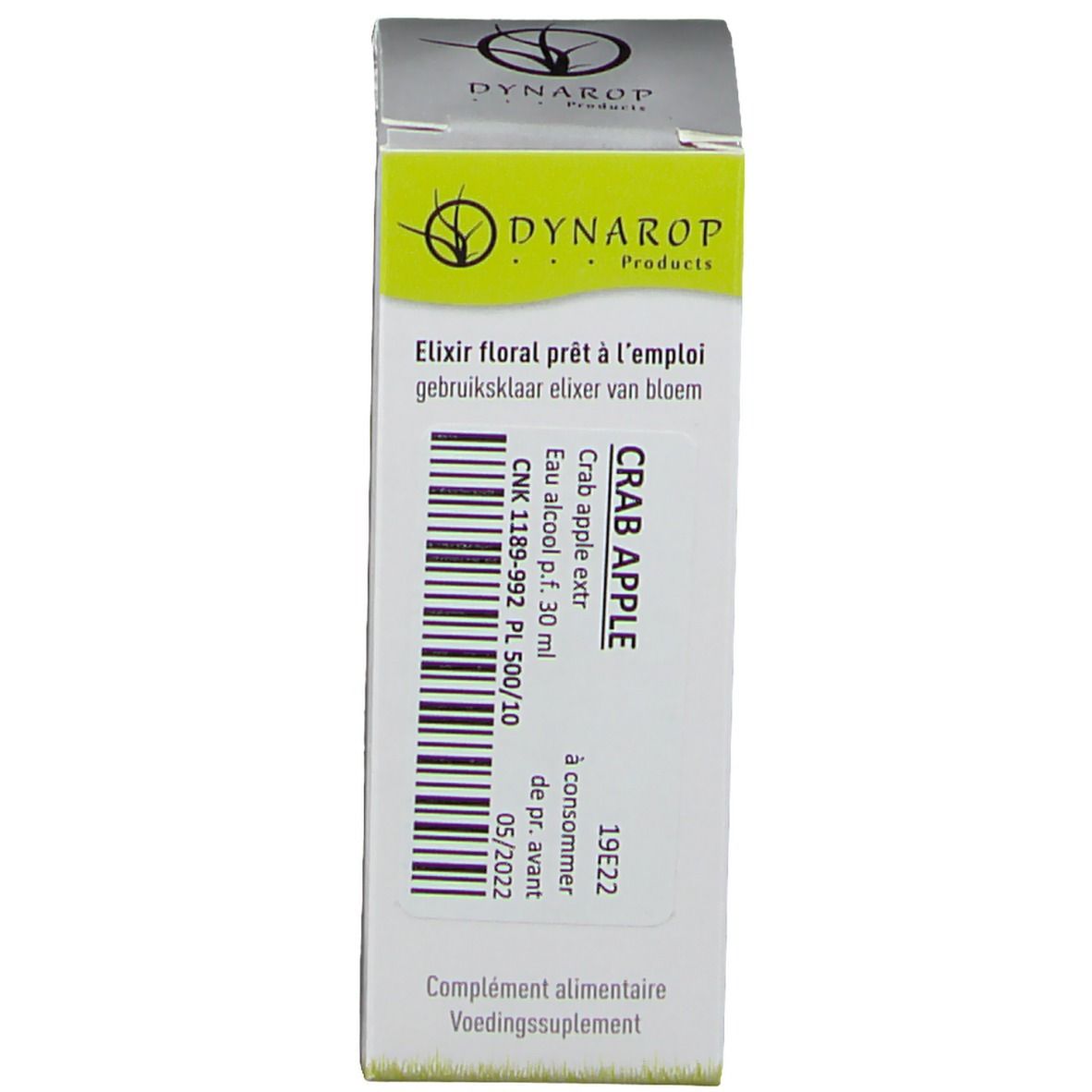 Boîte avec texte et logo. Imprimé: Elixir floral prêt à l'emploi, gebruiksklaar elixer van bloem.