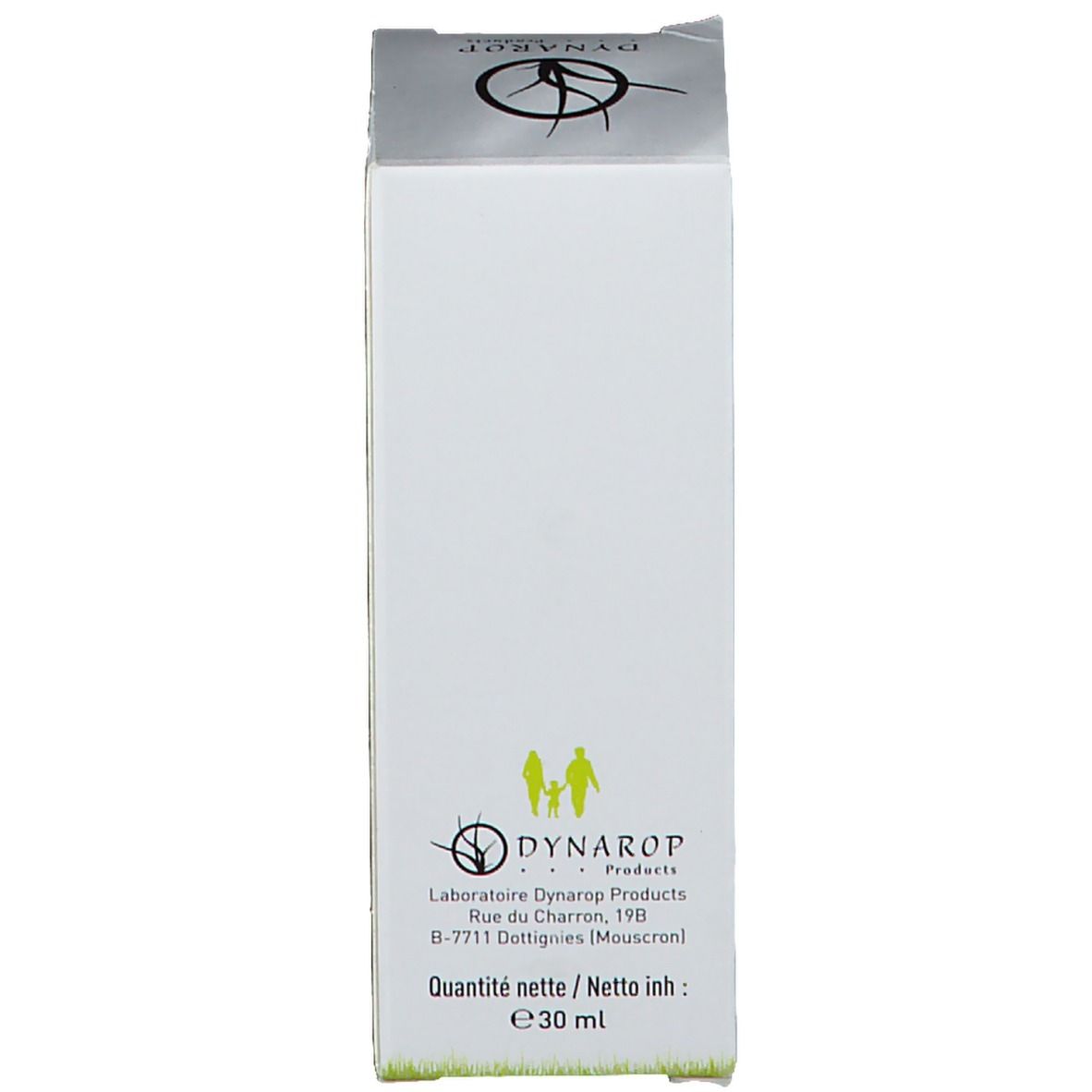Boîte blanche avec logo et informations produit. Inscription: Quantité nette / Netto inh: e 30 ml.