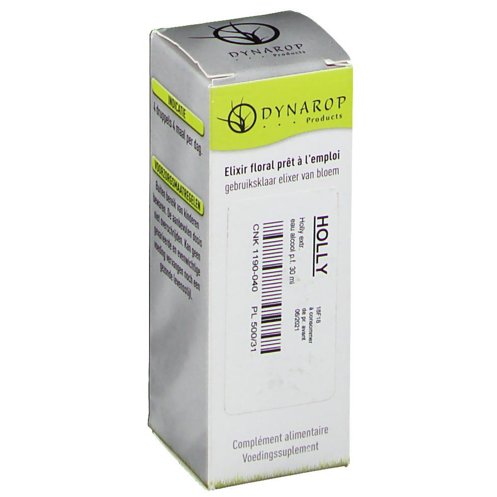 Boîte en carton avec informations produit. Inscription: DYNAROP, Elixir floral prêt à l'emploi, Holly. Code CNK et numéro de lot visibles.