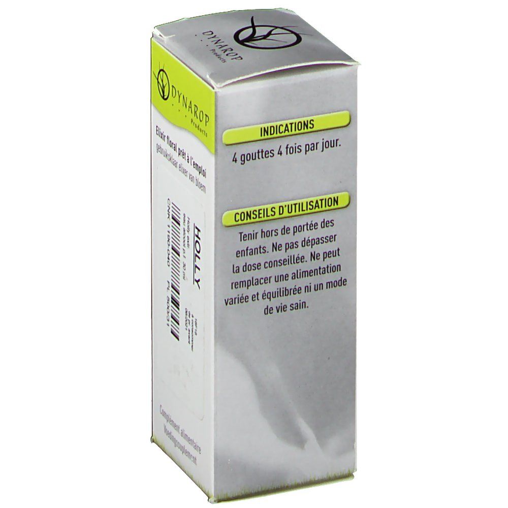Boîte en carton avec informations produit. Inscription: DYNAROP. Conseils d'utilisation en français. Produit Holly.