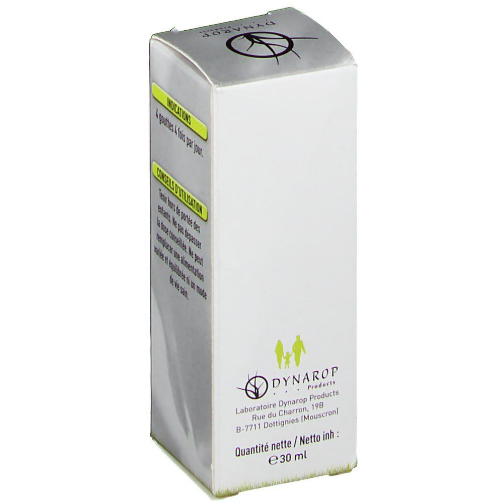 Boîte en carton avec informations produit. Inscription: DYNAROP. Informations sur la quantité nette: 30 ml. Logo familial.