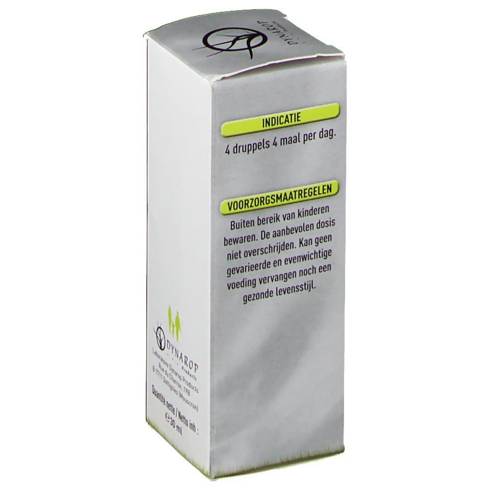 Boîte en carton avec informations produit. Inscription: DYNAROP. Conseils d'utilisation en néerlandais. Produit Holly.