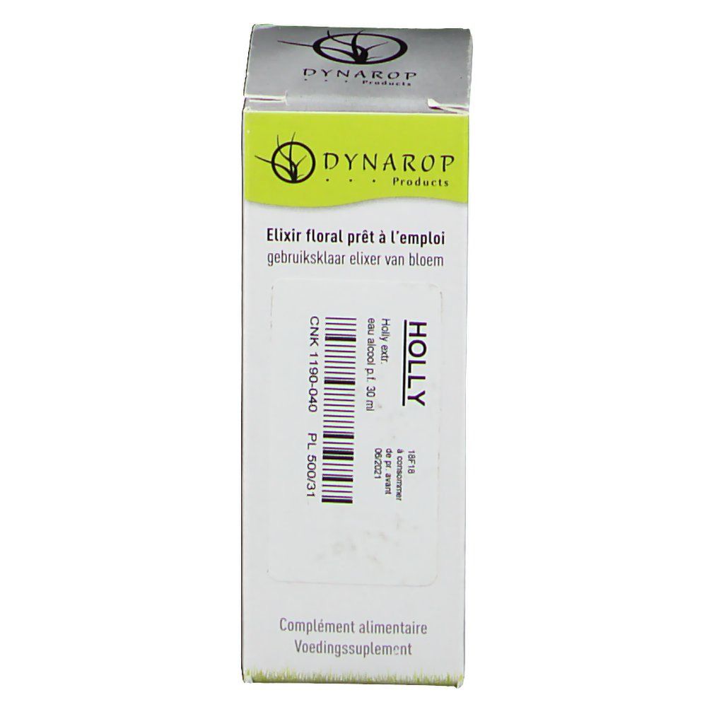 Boîte en carton avec informations produit. Inscription: DYNAROP, Elixir floral prêt à l'emploi, Holly. Code CNK et numéro de lot visibles.