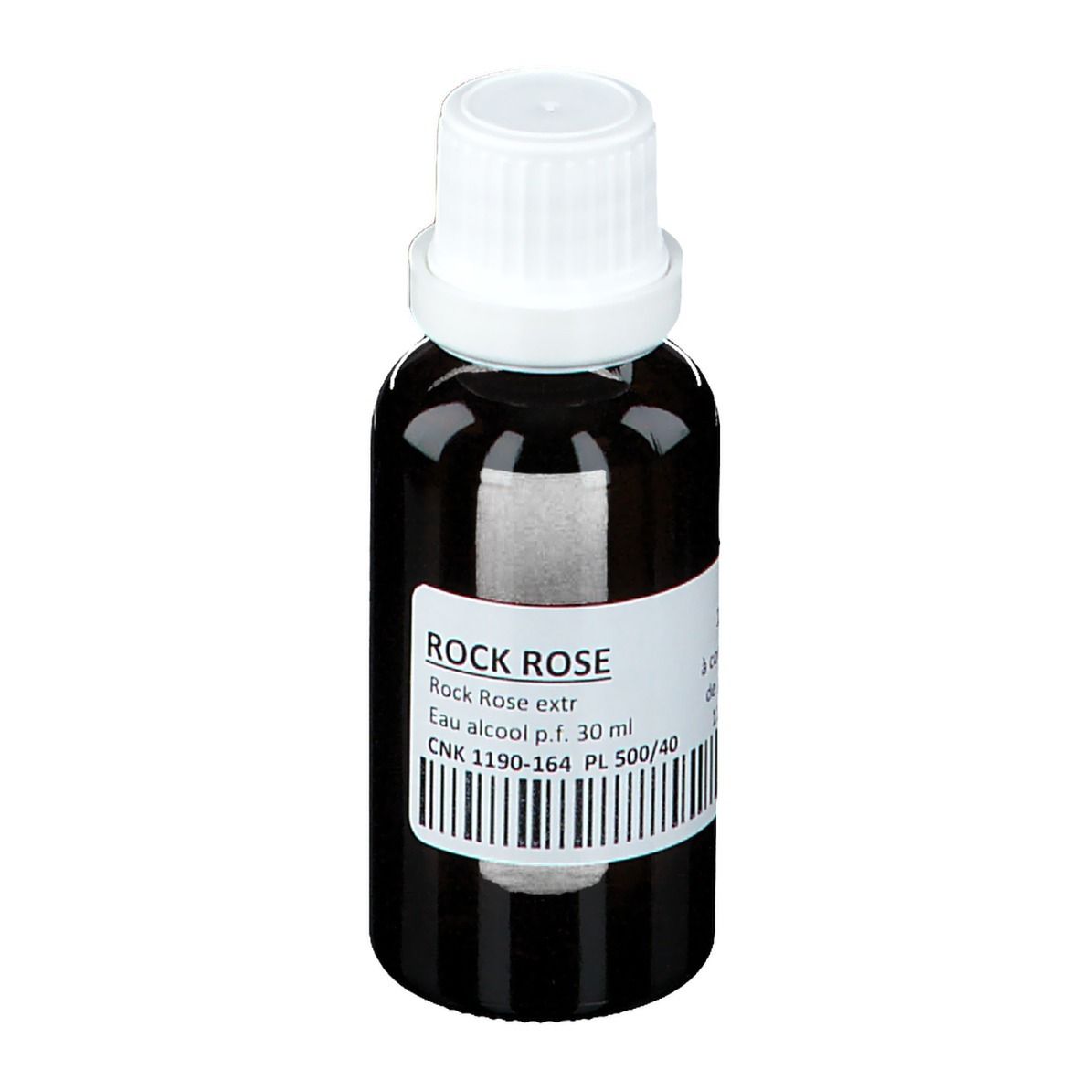 Flacon en verre brun avec bouchon blanc. Étiquette avec nom du produit ROCK ROSE, code-barres et informations.