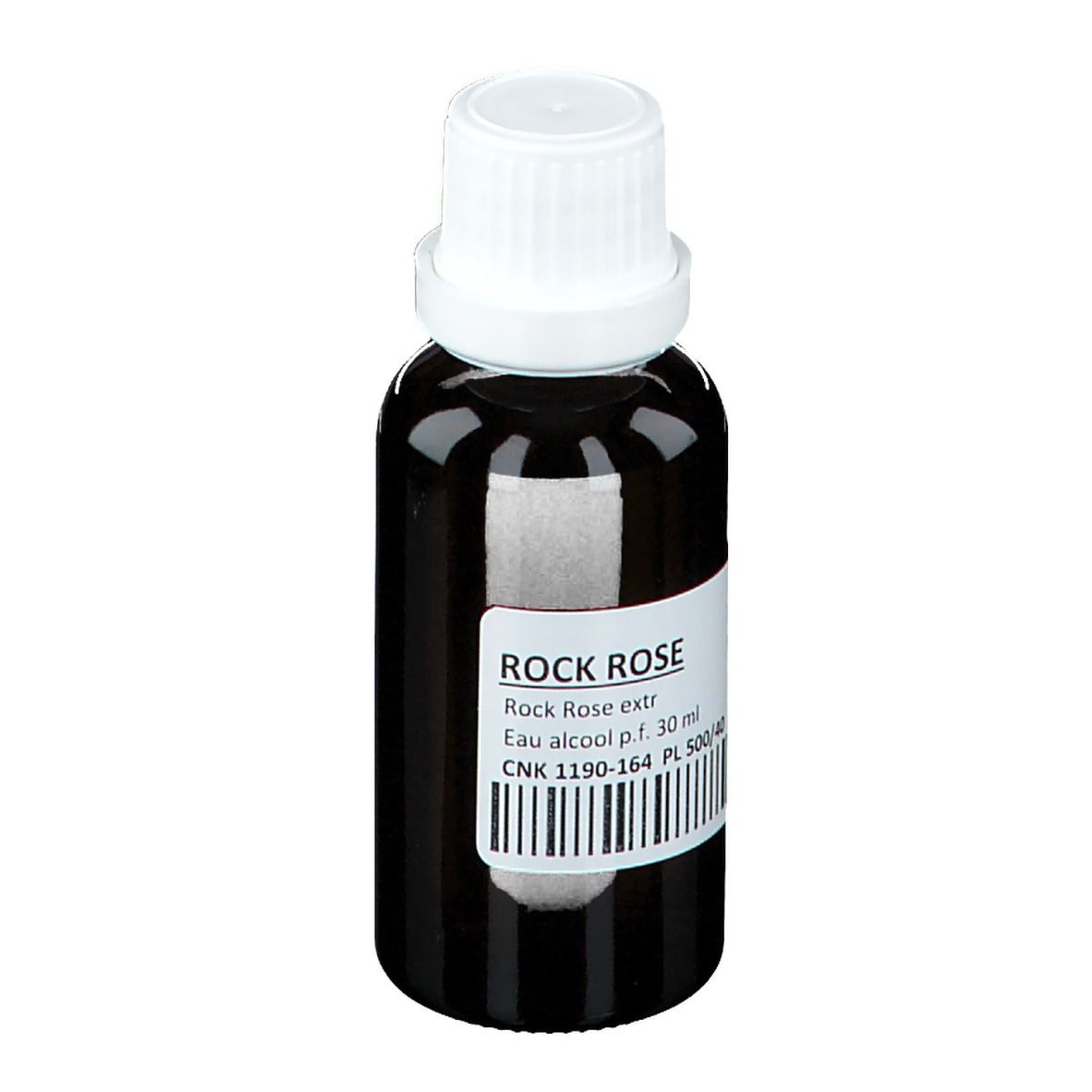 Flacon en verre brun avec bouchon blanc. Étiquette avec nom du produit ROCK ROSE, code-barres et informations.
