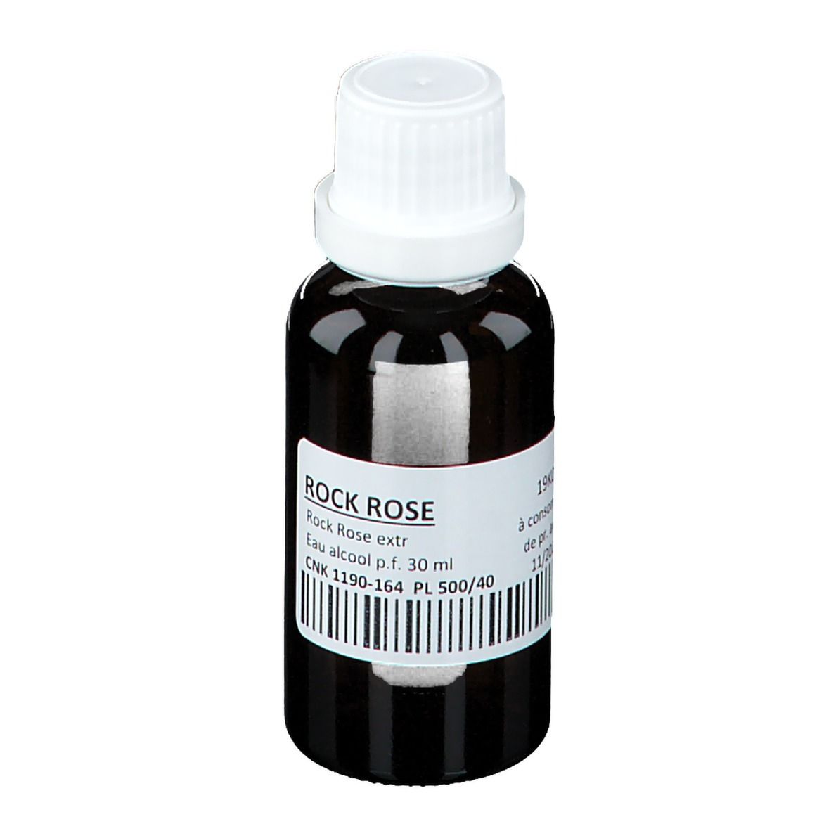 Flacon en verre brun avec bouchon blanc. Étiquette avec nom du produit ROCK ROSE, code-barres et informations.