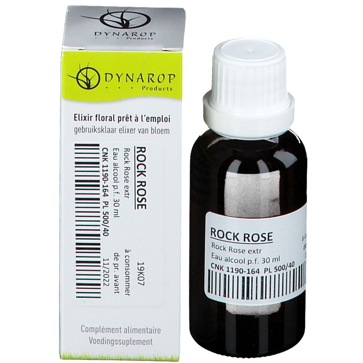 Flacon en verre brun avec bouchon blanc et emballage. L'emballage porte DYNAROP et ROCK ROSE.