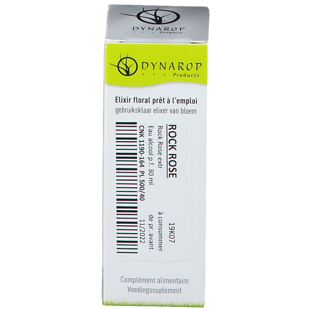 Emballage avec informations sur le produit. L'emballage porte DYNAROP et ROCK ROSE.