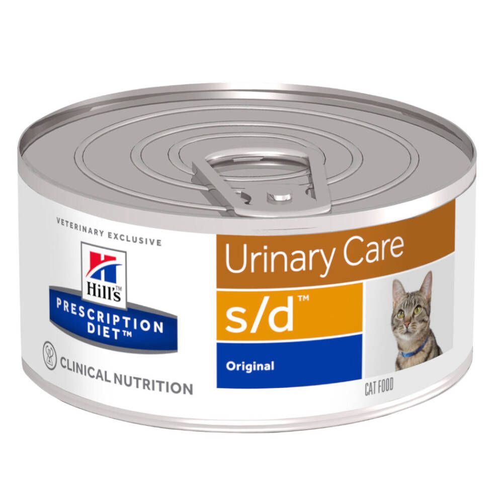 Boîte ronde Hill's Prescription Diet s/d pour chats. Inscription : Urinary Care, s/d, Original. Image d'un chat.