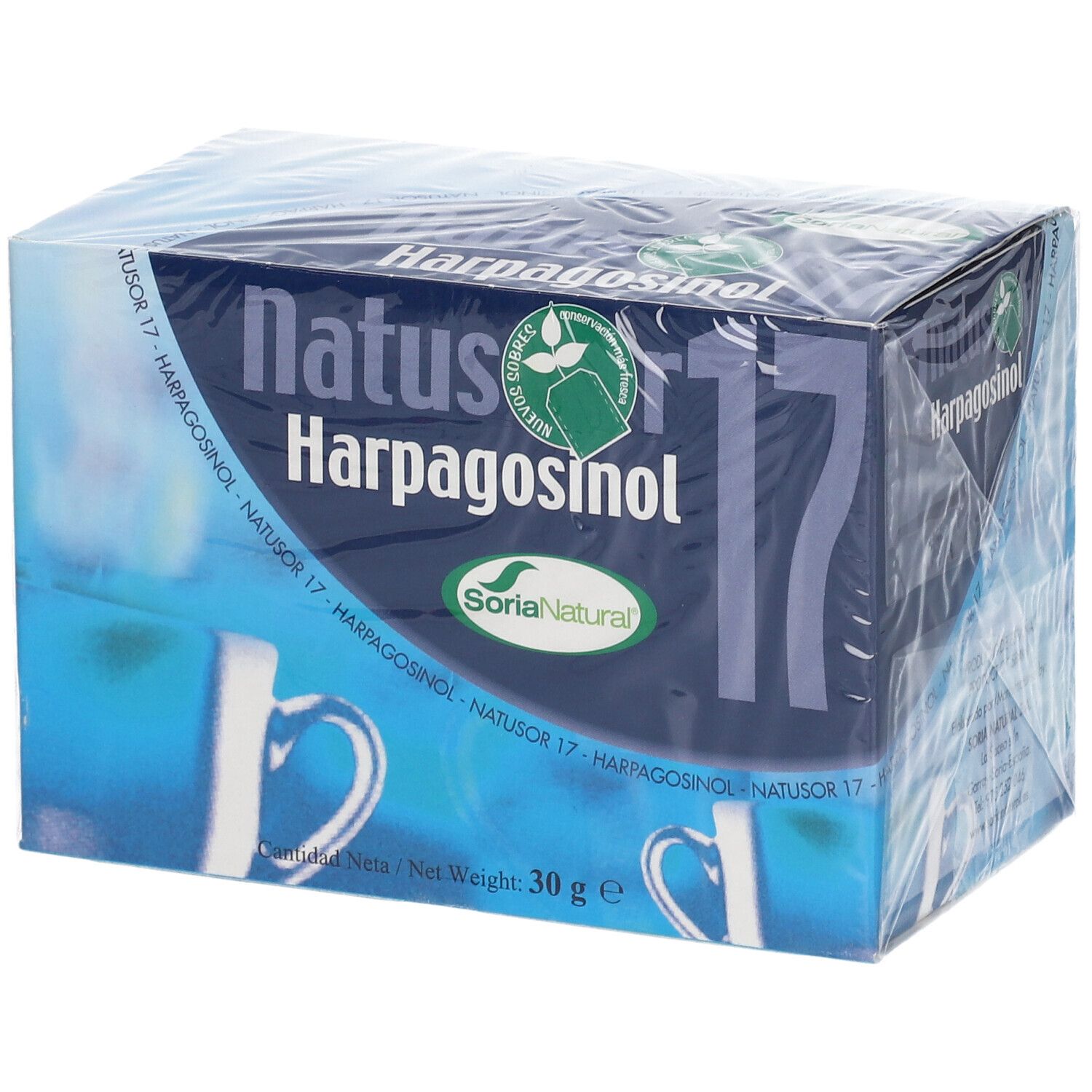 Boîte de thé Natusor 17 Harpagosinol. Emballage bleu avec nom et logo du produit. 30g.