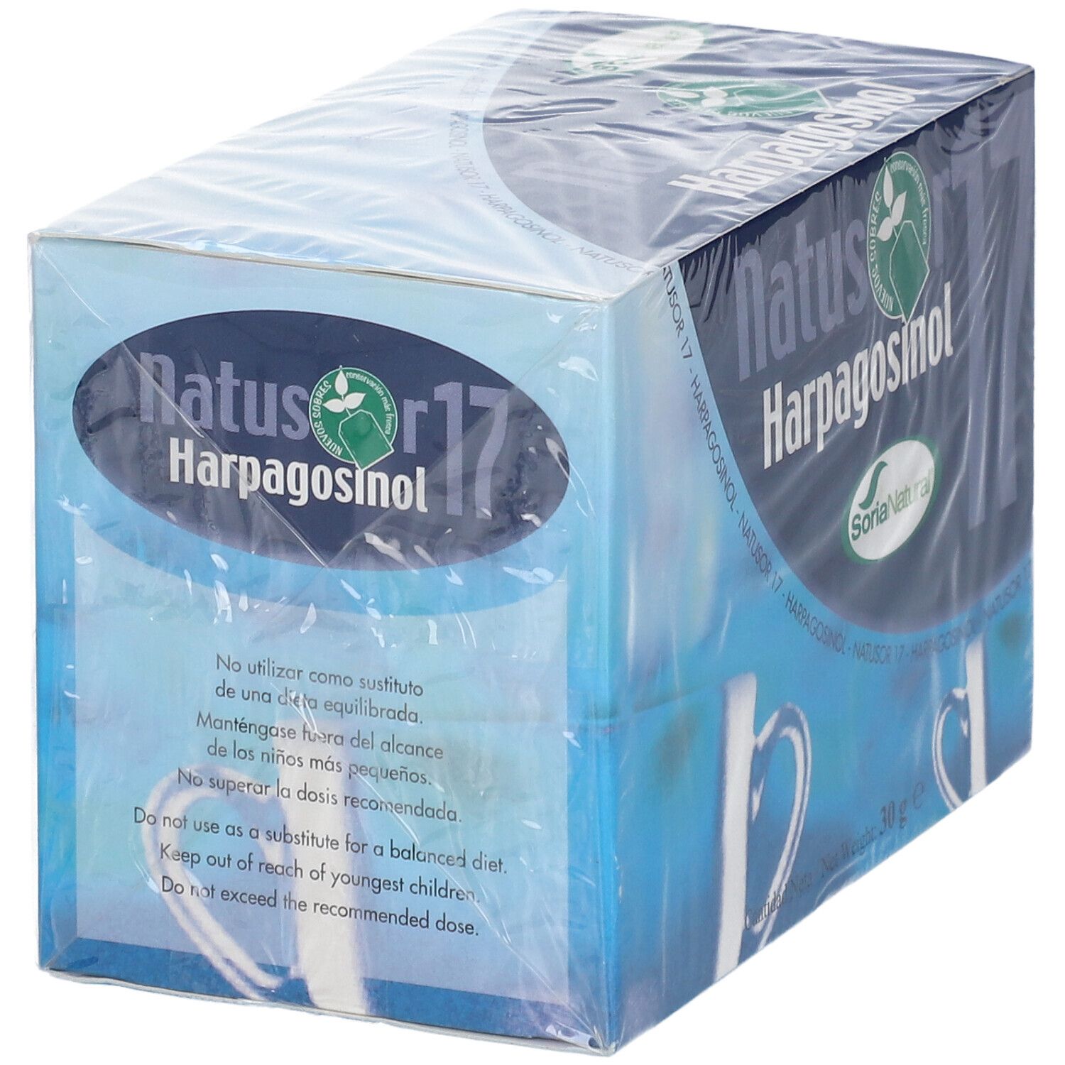 Boîte de thé Natusor 17 Harpagosinol. Emballage bleu avec nom et logo du produit. Texte en anglais.