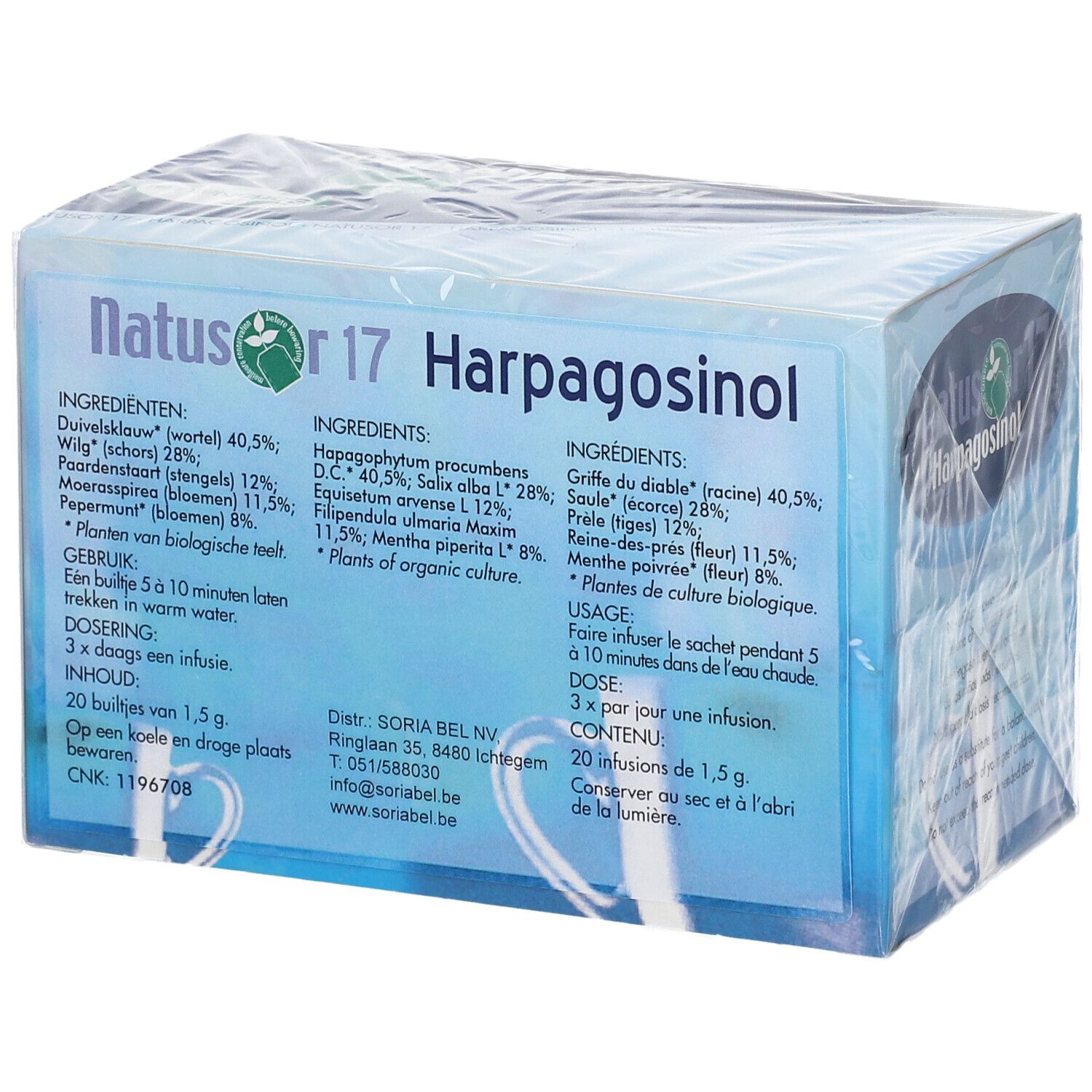 Boîte de thé Natusor 17 Harpagosinol. Emballage bleu avec nom et logo du produit. Liste des ingrédients.