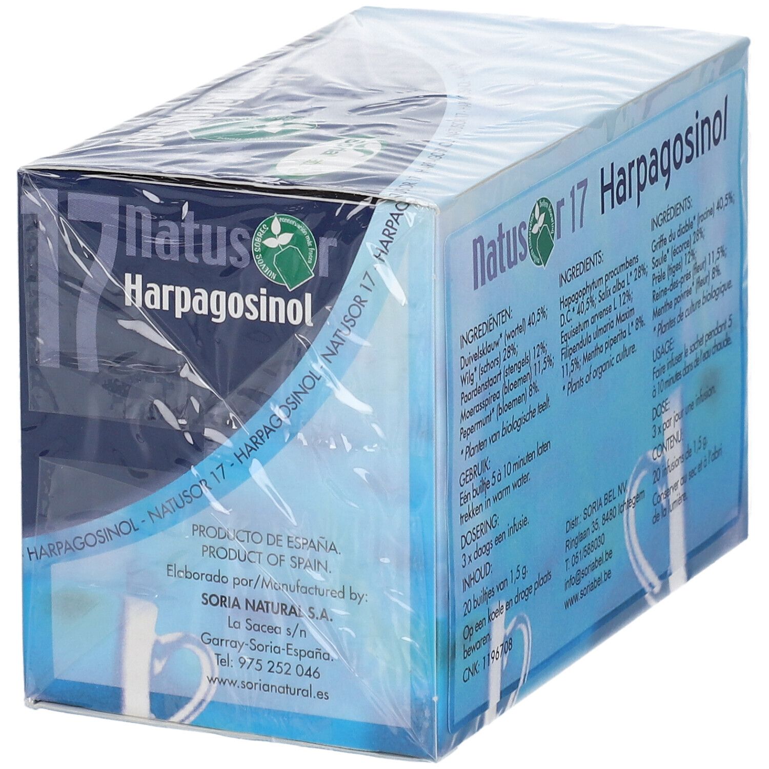 Boîte de thé Natusor 17 Harpagosinol. Emballage bleu avec nom et logo du produit. Liste des ingrédients.