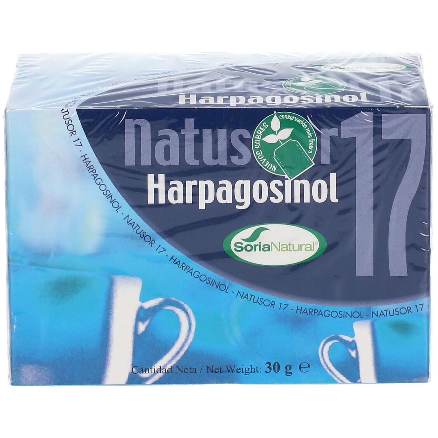 Boîte de thé Natusor 17 Harpagosinol. Emballage bleu avec nom et logo du produit. 30g.