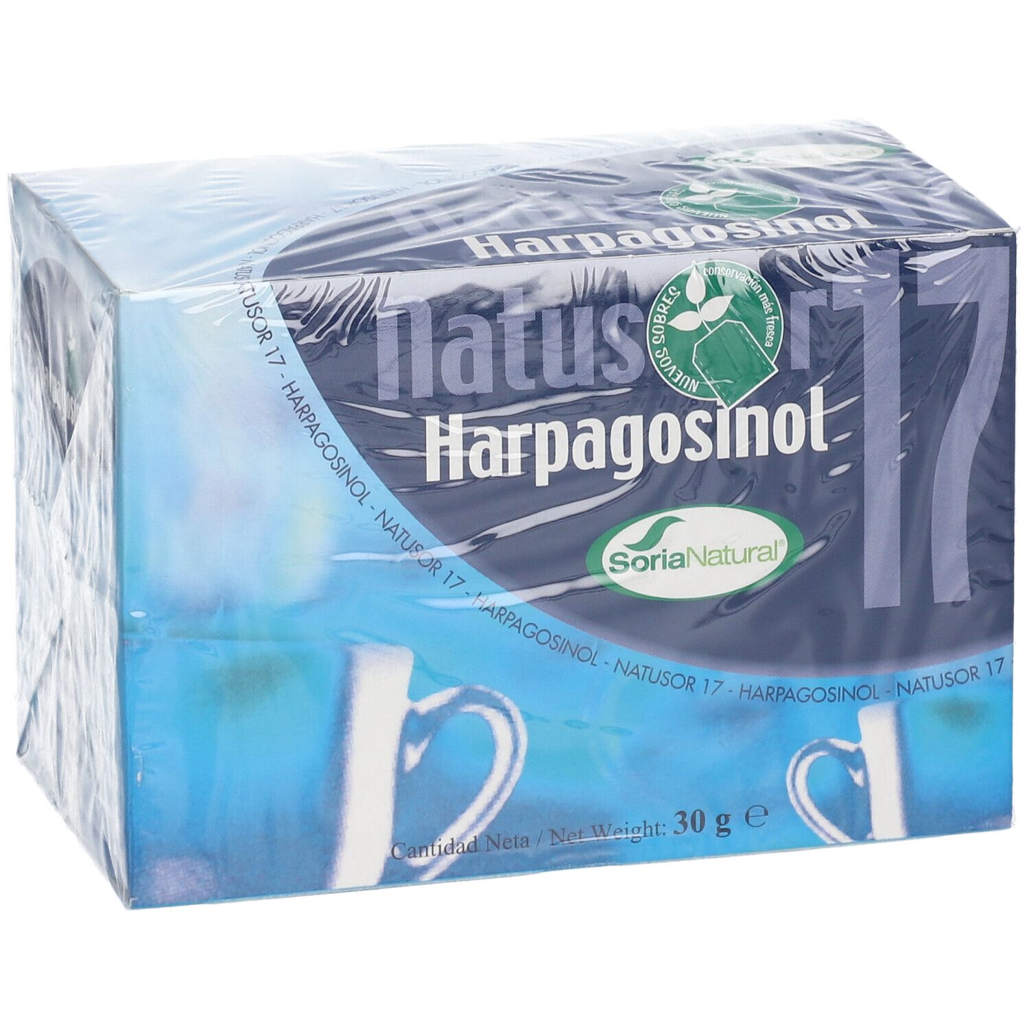 Boîte de thé Natusor 17 Harpagosinol. Emballage bleu avec nom et logo du produit. 30g.