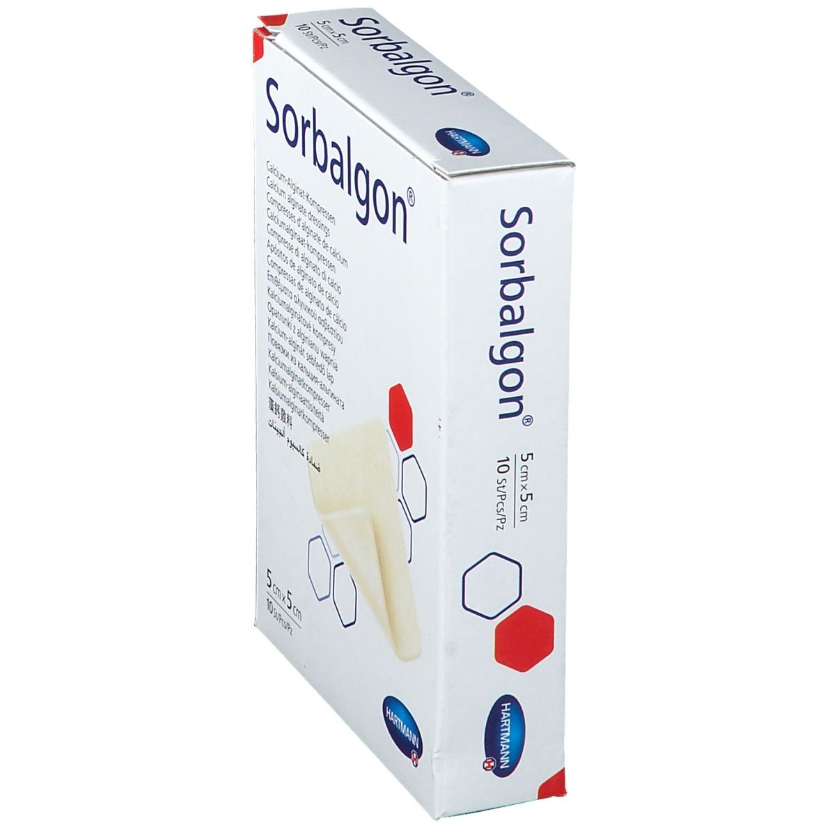 Vue en biais de l'emballage Sorbalgon. Compresses d'alginate de calcium. Dimensions : 5 x 5 cm. Marque : Hartmann.