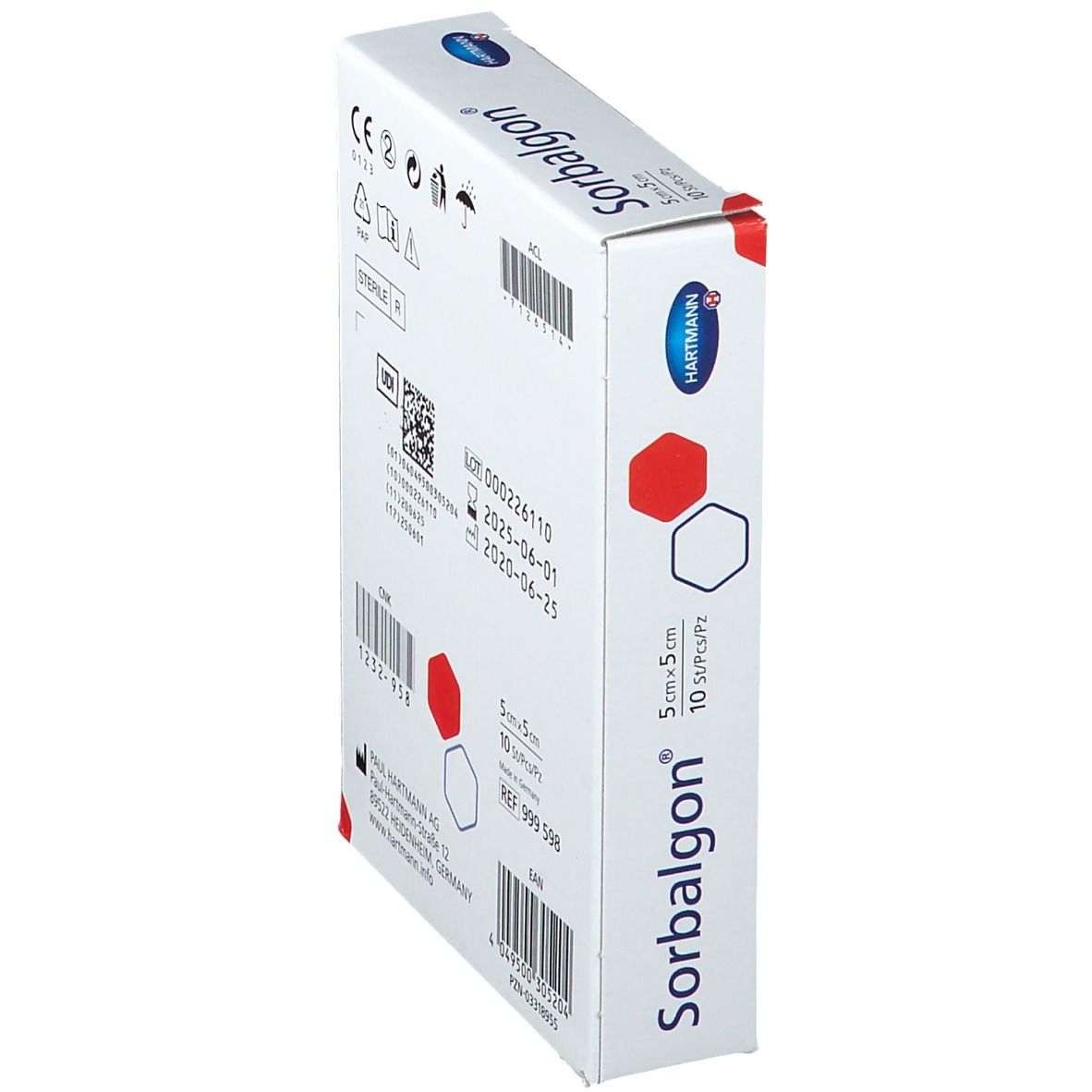 Vue en biais du dos de l'emballage Sorbalgon. Informations : numéro de lot et marquage CE.