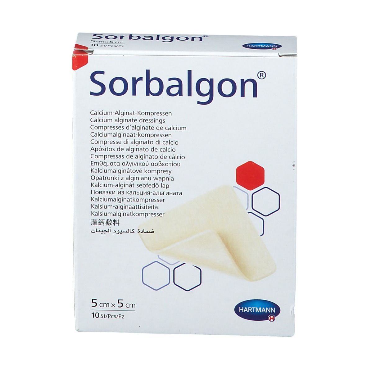 Boîte de Sorbalgon. Compresses d'alginate de calcium. Dimensions : 5 x 5 cm. 10 pièces. Marque : Hartmann.