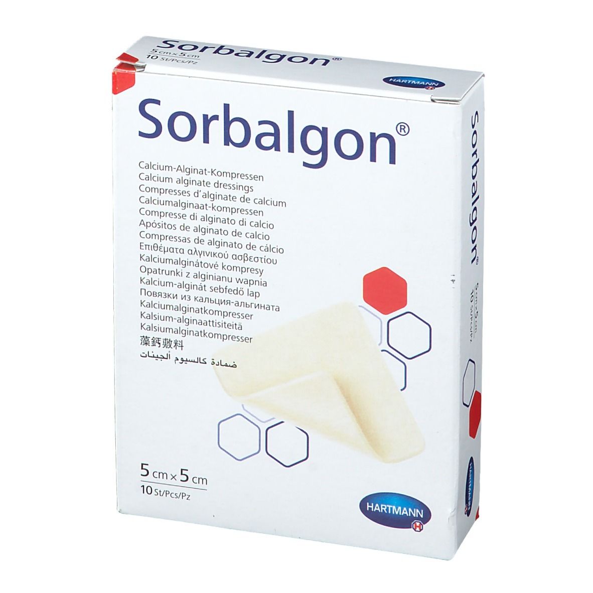 Boîte de Sorbalgon. Compresses d'alginate de calcium. Dimensions : 5 x 5 cm. 10 pièces. Marque : Hartmann.