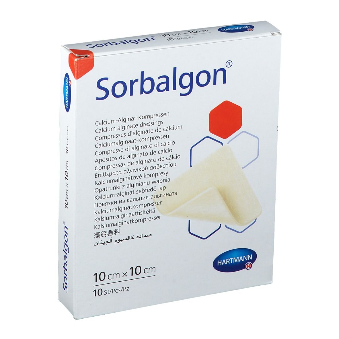 Boîte de compresses Sorbalgon®. Dimensions 10 x 10 cm, 10 pièces. Marque Hartmann. Nom du produit et descriptions multilingues.