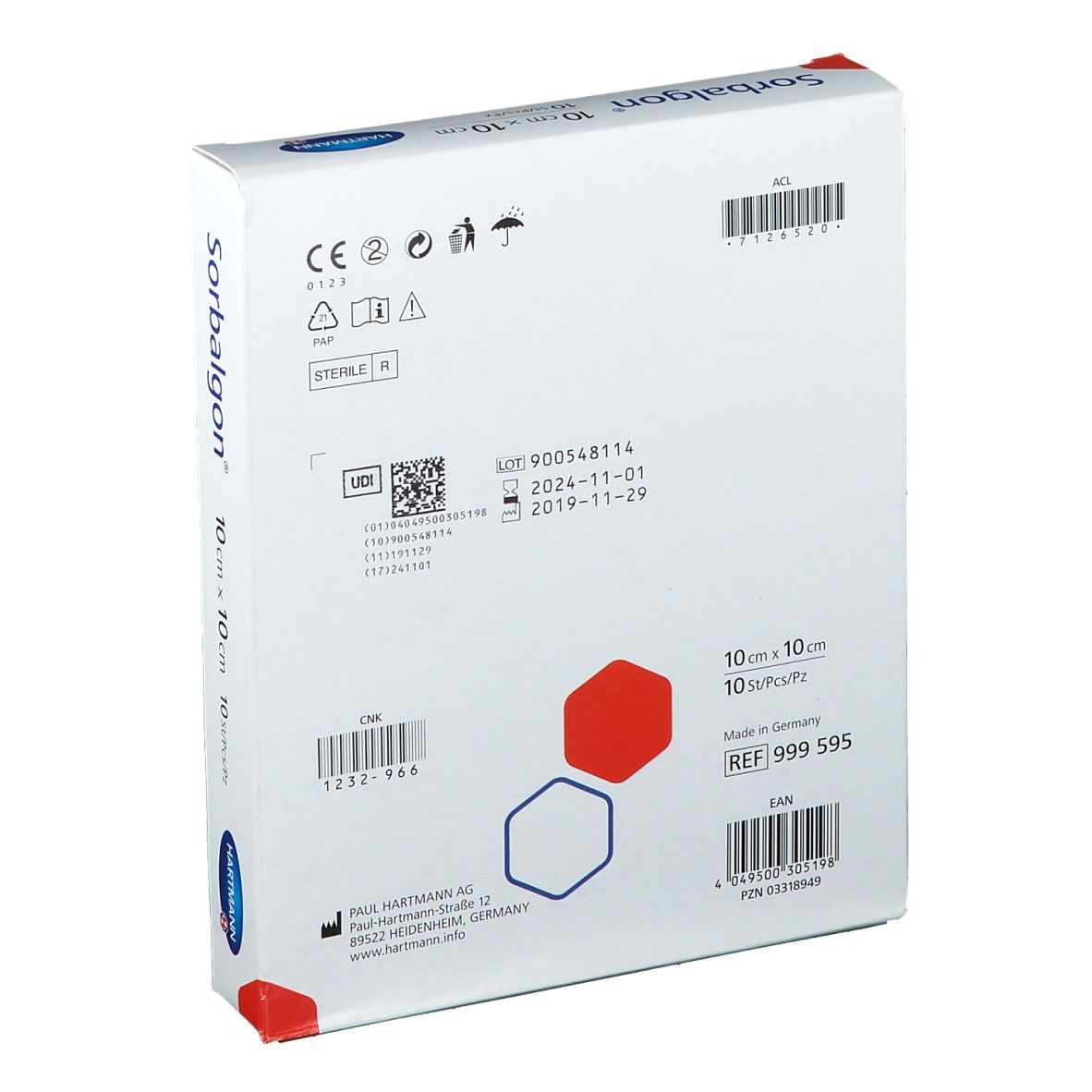 Dos de la boîte de compresses Sorbalgon®. Inscriptions : numéro de lot, date de péremption, informations fabricant, marquage CE.