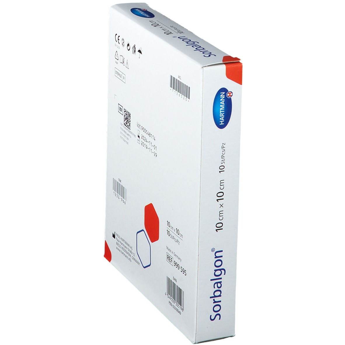 Boîte de compresses Sorbalgon® en biais. Inscriptions : numéro de lot, date de péremption, informations fabricant, marquage CE.