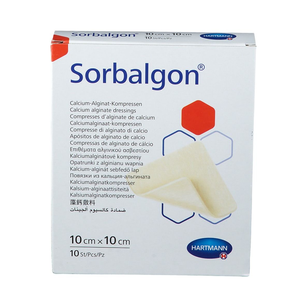 Boîte de compresses Sorbalgon®. Dimensions 10 x 10 cm, 10 pièces. Marque Hartmann. Nom du produit et descriptions multilingues.