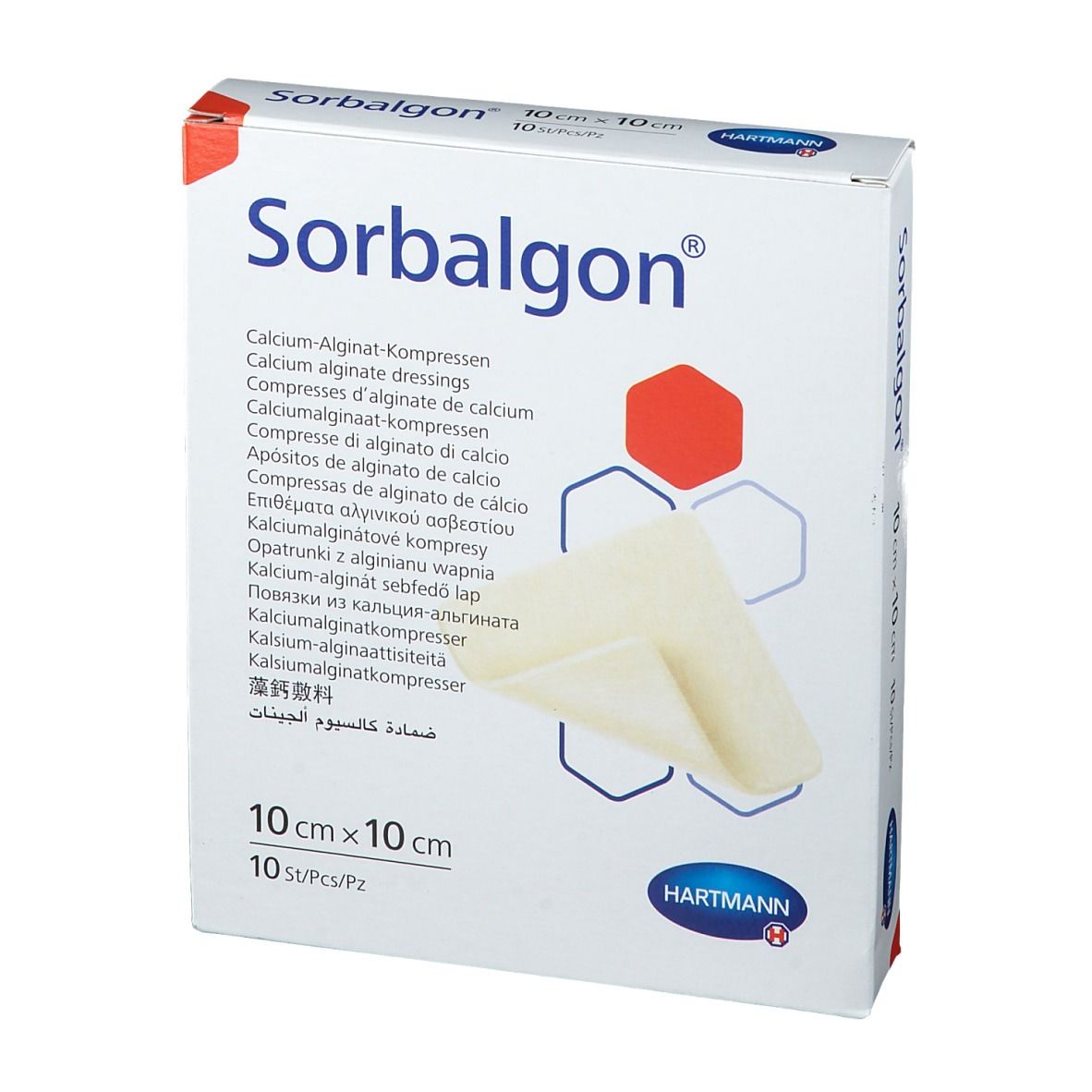 Boîte de compresses Sorbalgon®. Dimensions 10 x 10 cm, 10 pièces. Marque Hartmann. Nom du produit et descriptions multilingues.
