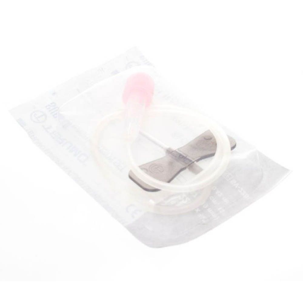 Dispositif médical en emballage blister. Comprend une aiguille à ailettes, un tube et un connecteur. Connecteur rose, tubes transparents.