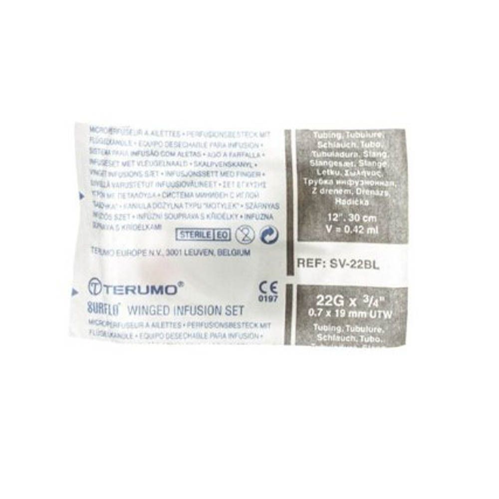 Emballage de Terumo Surfio Winged Infusion Set. Texte: Terumo, Surfio, Winged Infusion Set, 22G, marquage CE, indication stérile.