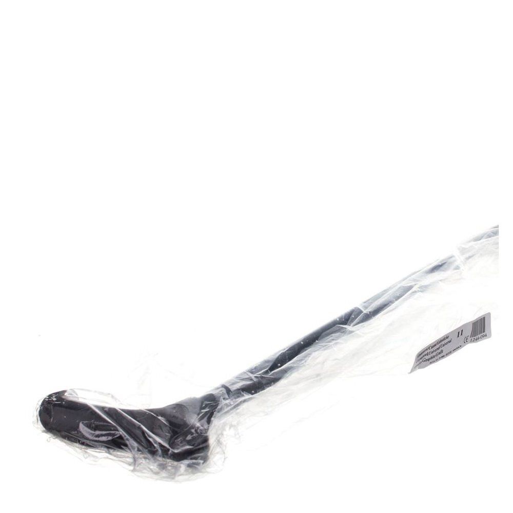 Canne de marche noire dans un emballage plastique. Poignée Derby. Tige en aluminium. Étiquette visible.