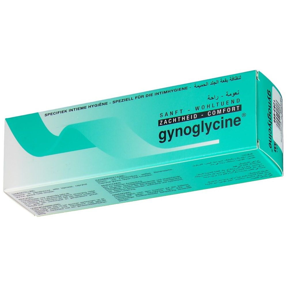Boîte gynoglycine®. Design turquoise et blanc. Texte : Doux, bien-être, confort. Texte multilingue.