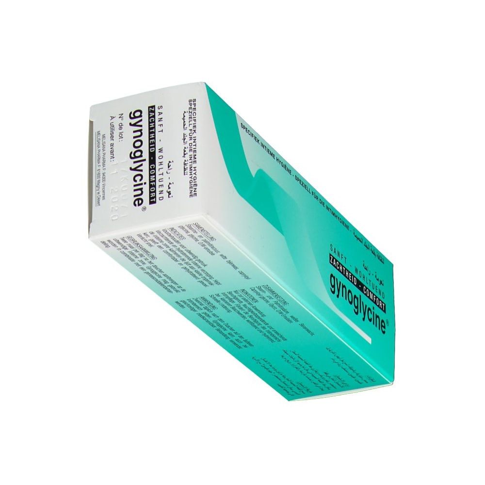 Boîte gynoglycine® en perspective. Design turquoise et blanc. Texte : Doux, bien-être, confort. Texte multilingue.