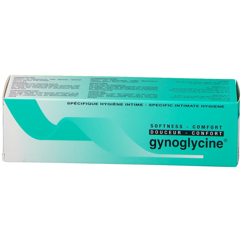 Boîte gynoglycine®. Design turquoise et blanc. Texte : Hygiène intime spécifique, douceur, confort. Nom du produit visible.
