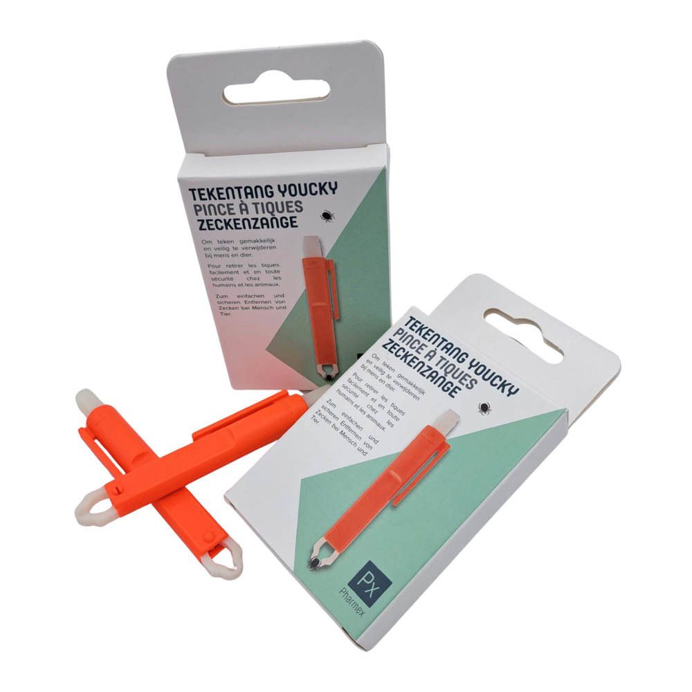 Deux pinces à tiques et deux emballages. Pince orange et blanche. Texte: Tekentang Youcky, Pinze à tiques, Zeckenzange. Marque: Pharmex.