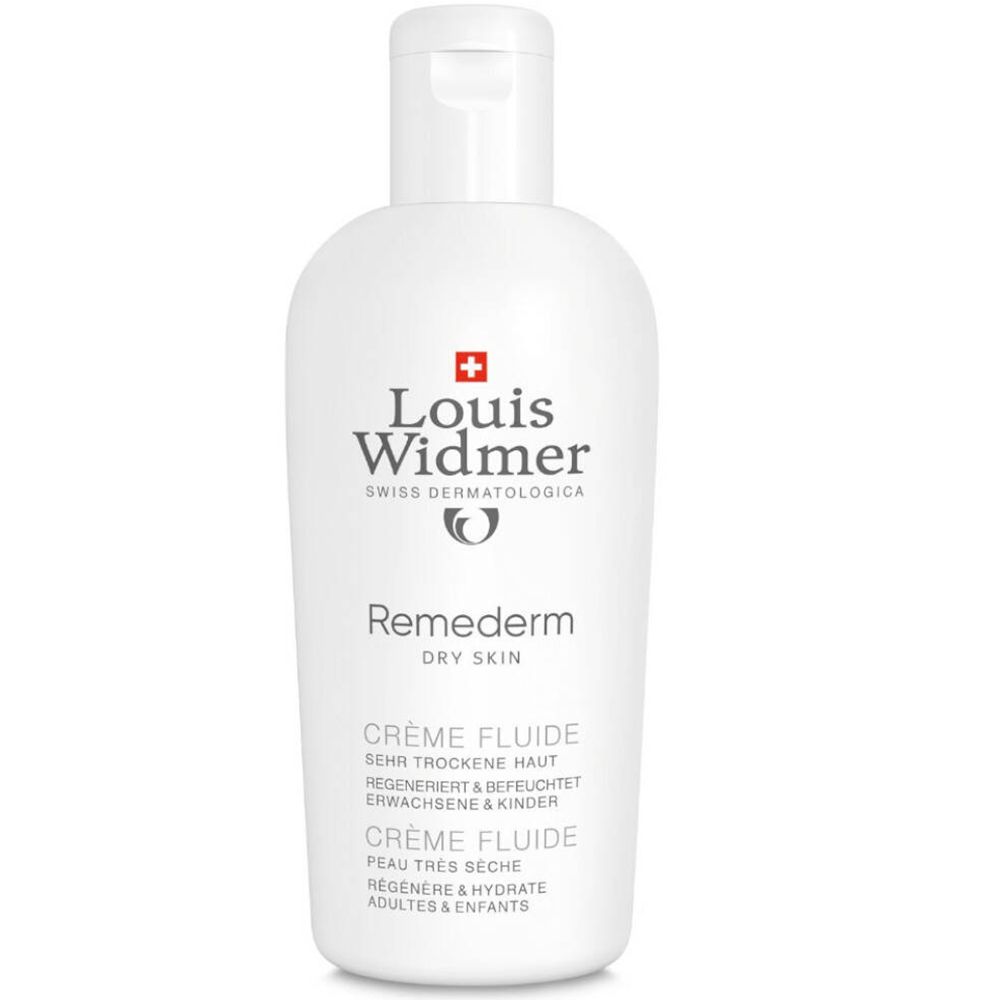 Flacon blanc avec étiquette. Texte: Louis Widmer, Remederm Crème Fluide, pour peaux très sèches.