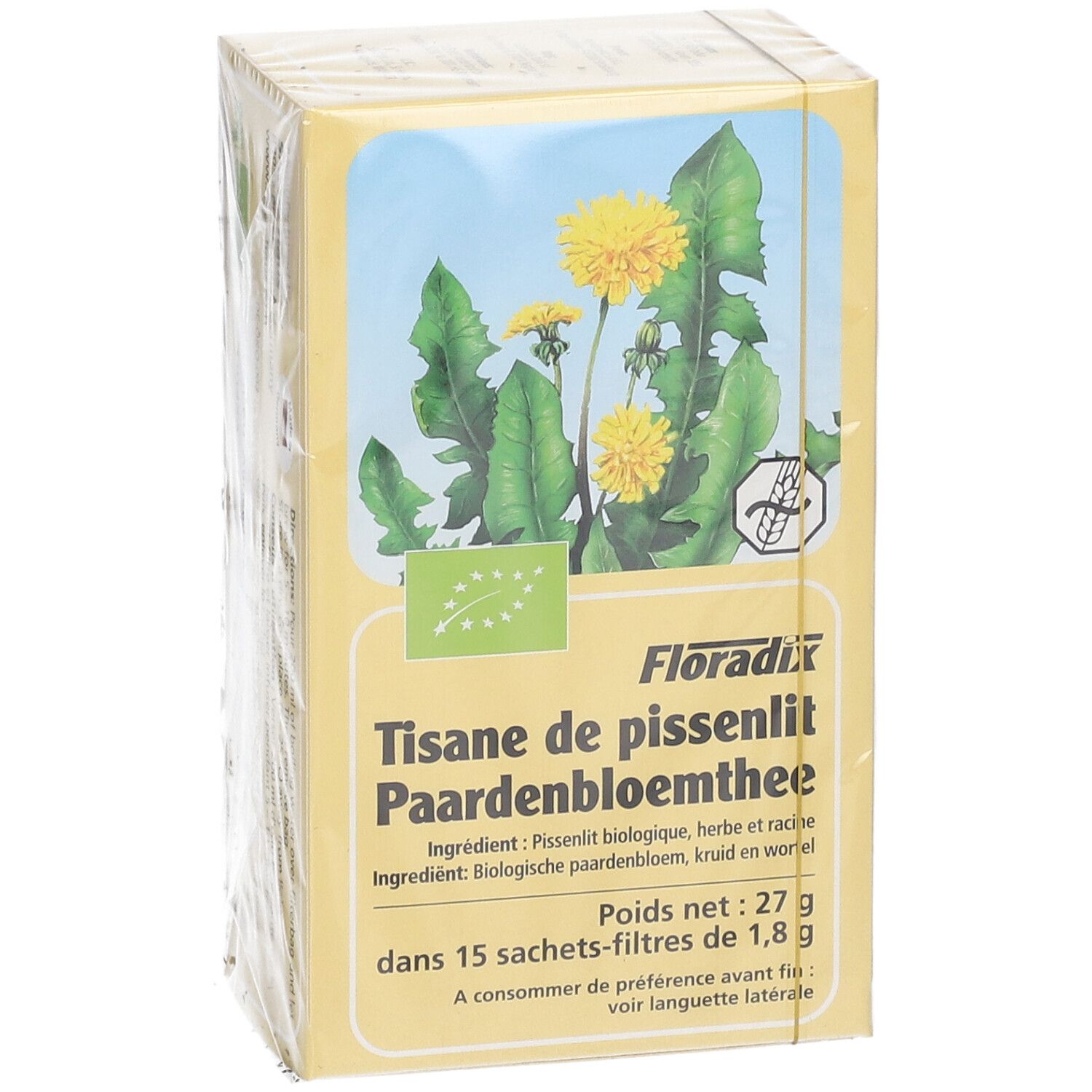 Boîte en carton jaune avec logo Floradix et inscription "Tisane de pissenlit Paardenbloemthee". Illustration de fleurs de pissenlit. 15 sachets.