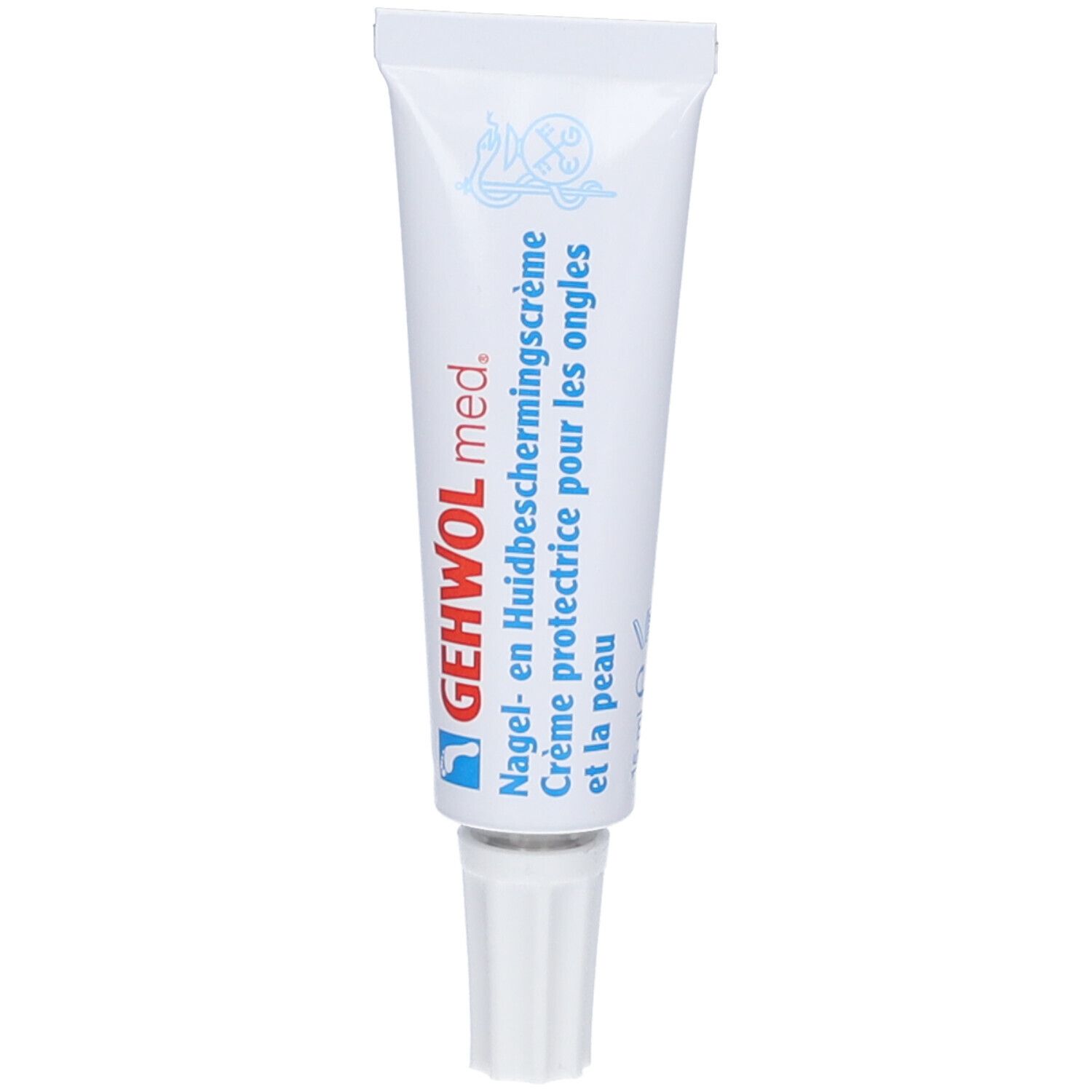 Gehwol med. Crème, tube. Crème protectrice pour les ongles et la peau. Blanc, bleu, rouge. Texte.