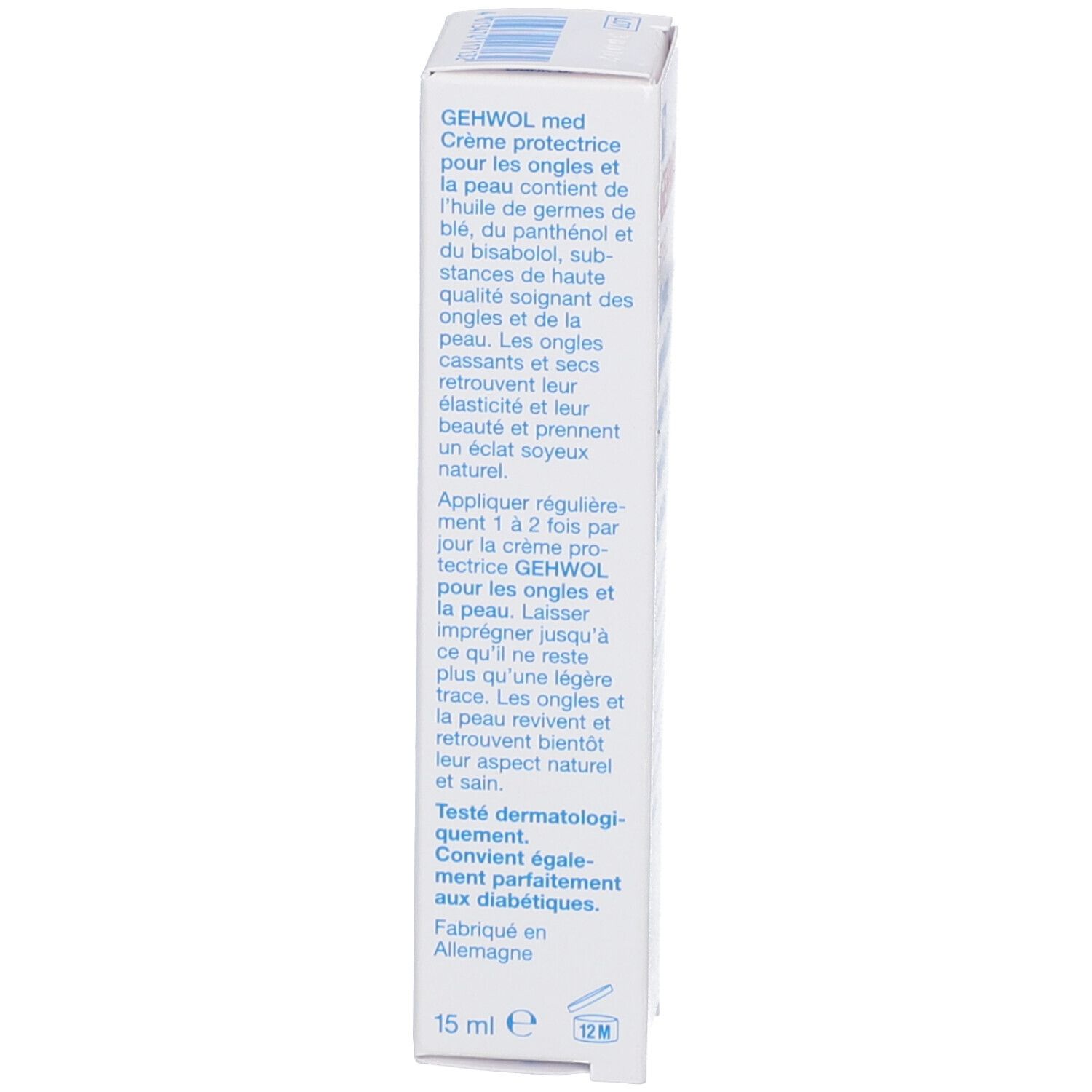 Emballage Gehwol med. Texte. 15 ml. Convient aux diabétiques. Fabriqué en Allemagne.
