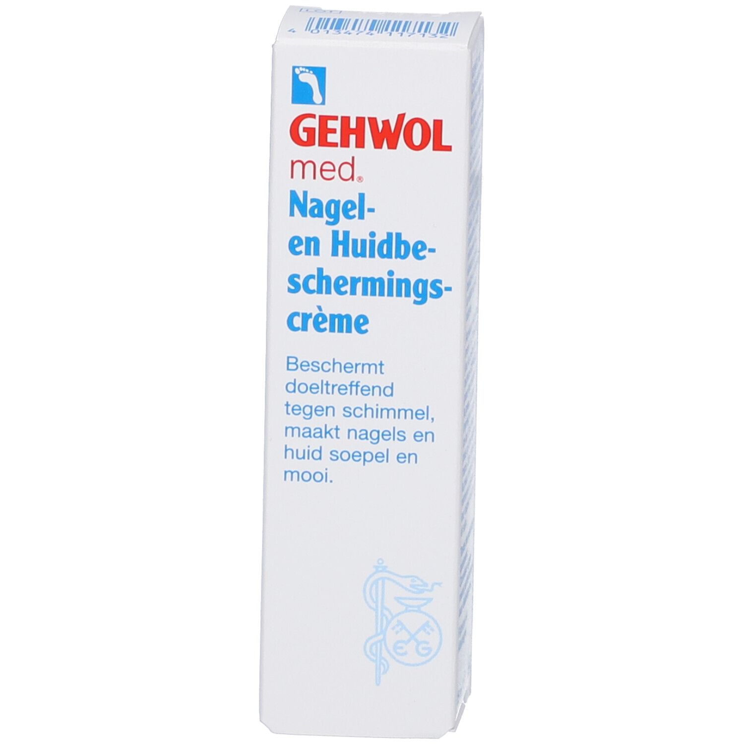 Emballage Gehwol med. Nagel- en Huidbeschermingscrème. Texte. Blanc, bleu, rouge.