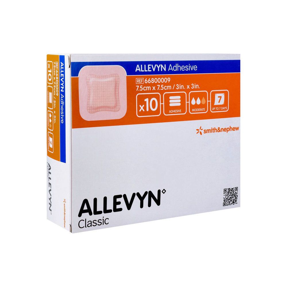 Boîte Allevyn Classic Adhesive. Pansement carré visible. 10 pièces. Marque : Smith & Nephew.